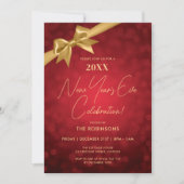 Classy Silvester Party Red Gold Bokeh Bow Einladung (Vorderseite)