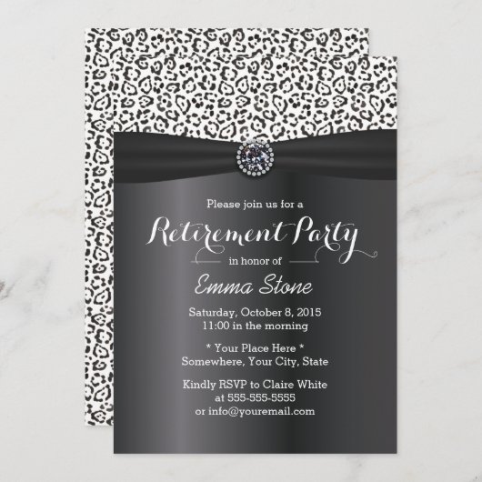 Classy Snow Leopard Print Black Ribbon Retirement Einladung (Vorne/Hinten)
