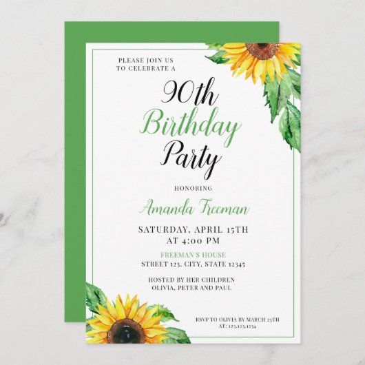 Classy Sonnenblume 90. Geburtstag Einladung (Vorne/Hinten)