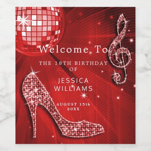 Classy Sparkle Heelses Rote Diskothek Ball Geburts Weinetikett (Einzelnes Label)