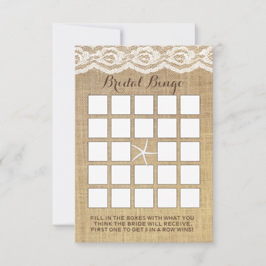 Classy Starfish Lace & Burlap Bridal Bingo Cards (Vorderseite)