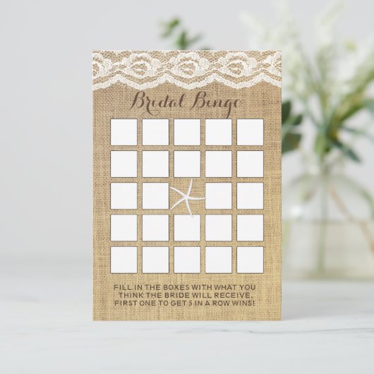 Classy Starfish Lace & Burlap Bridal Bingo Cards (Stehend Vorderseite)