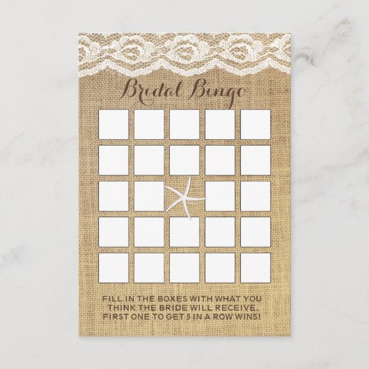 Classy Starfish Lace & Burlap Bridal Bingo Cards (Vorderseite)