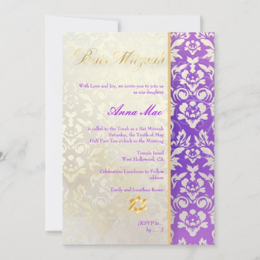 Classy + stilvolle Damask Bat Mitzvah/Lavender Blu Einladung (Vorderseite)
