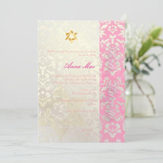 Classy + stilvolle Damask Bat Mitzvah/posh pink Einladung (Stehend Vorderseite)