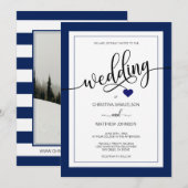 Classy Stripes Navy Blue Nautical Wedding FOTO Einladung (Vorne/Hinten)