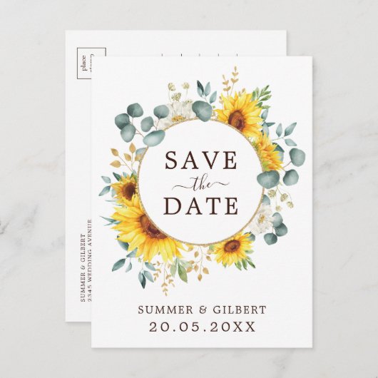 Classy Summer Sunflower Green Save the Date Ankündigungspostkarte (Vorne/Hinten)