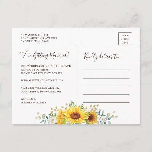 Classy Summer Sunflower Green Save the Date Ankündigungspostkarte (Rückseite)