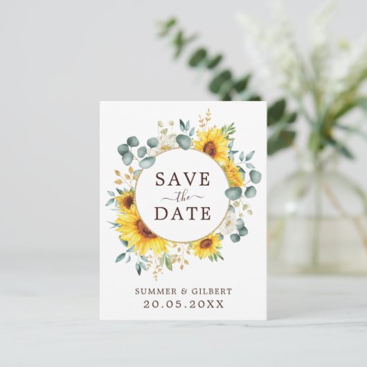 Classy Summer Sunflower Green Save the Date Ankündigungspostkarte (Stehend Vorderseite)
