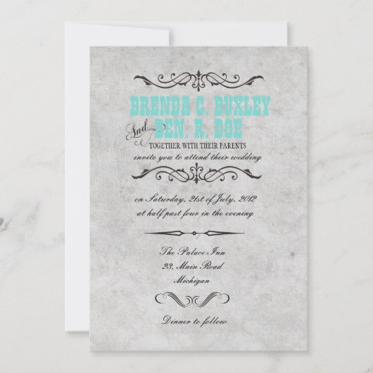 Classy Türkise Vintage Wedding Einladung (Vorderseite)