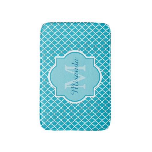 Classy Turquoise Blue Quatrefolie Monogramm und Na Badematte (Vorderseite Vertikal)