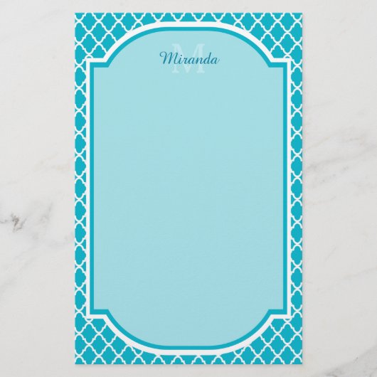 Classy Turquoise Blue Quatrefolie Monogramm und Na Briefpapier (Vorderseite)