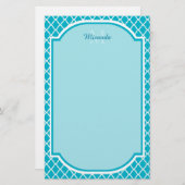 Classy Turquoise Blue Quatrefolie Monogramm und Na Briefpapier (Vorne/Hinten)