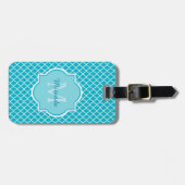 Classy Turquoise Blue Quatrefolie Monogramm und Na Gepäckanhänger (Vorderseite horizontal)
