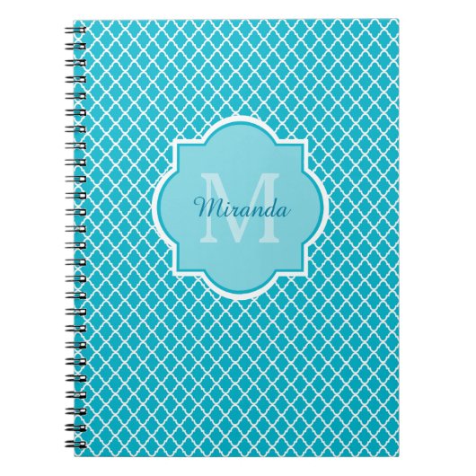 Classy Turquoise Blue Quatrefolie Monogramm und Na Notizblock (Vorderseite)