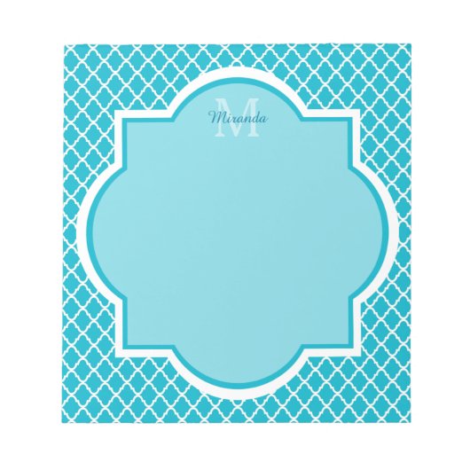 Classy Turquoise Blue Quatrefolie Monogramm und Na Notizblock (Vorderseite)