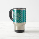 Classy Turquoise Blue Quatrefolie Monogramm und Na Reisebecher (Vorderseite Links)