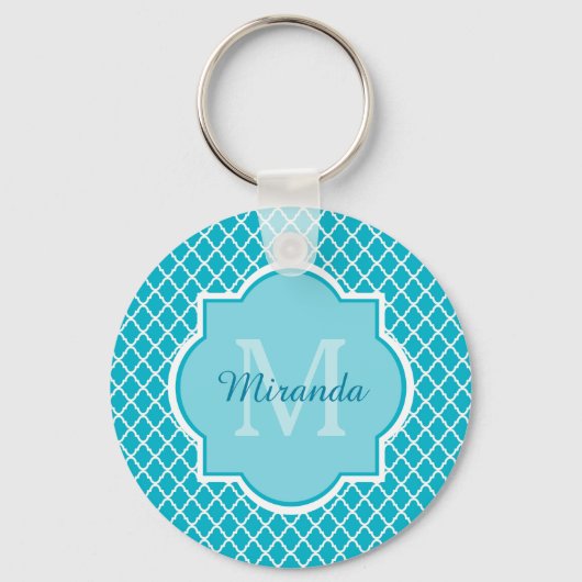 Classy Turquoise Blue Quatrefolie Monogramm und Na Schlüsselanhänger (Vorderseite)