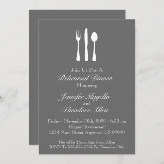 Classy Utensils Probe Dinner Invite (grau) Einladung (Vorne/Hinten)