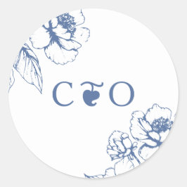 Classy Vintag Blue Floral Garden Initials Wedding Runder Aufkleber