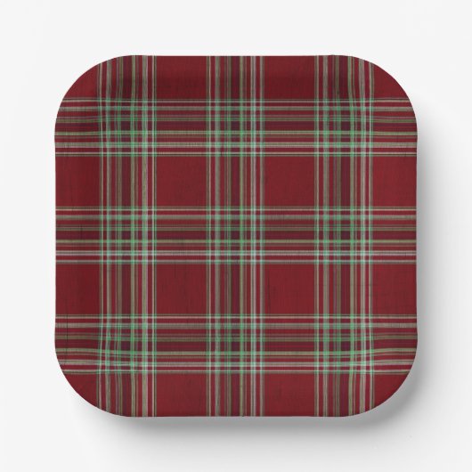 Classy Vintage Red Green Textured Tartan Plaid Pappteller (Vorderseite)