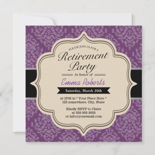Classy Violet Damask Rentirement-Party Einladungen (Vorderseite)