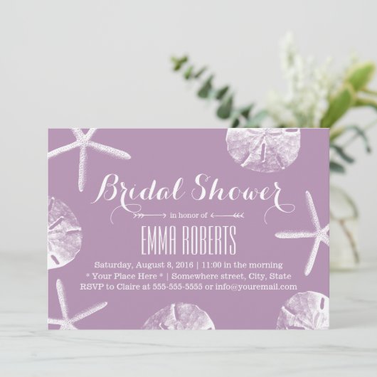 Classy Violet Starfish & Sand Dollar Brautparty Einladung (Stehend Vorderseite)