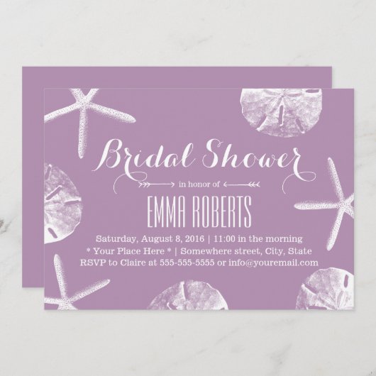 Classy Violet Starfish & Sand Dollar Brautparty Einladung (Vorne/Hinten)
