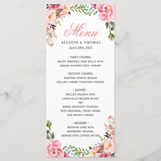 Classy Watercolor Blush Pink Floral Wedding Menükarte (Vorderseite)