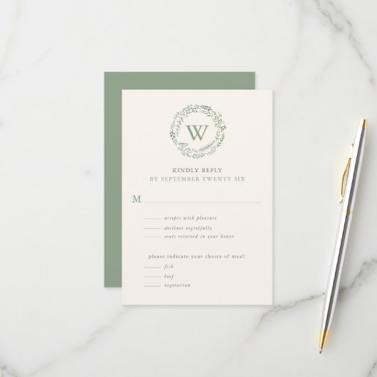 Classy Watercolor Greenerity Wreath Monogram w Mea RSVP Karte (Vorderseite/Rückseite Beispiel)