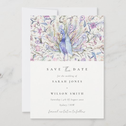 Classy Watercolor Peacock Floral Save the Date Einladung (Vorderseite)