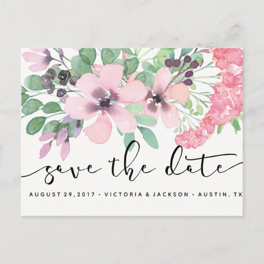 Classy Watercolor Rosa Blume Save the Date Ankündigungspostkarte (Vorderseite)
