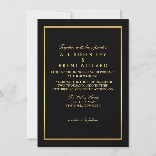 Classy Wedding Invitation Gold Foil Look - Schwarz Einladung (Vorderseite)