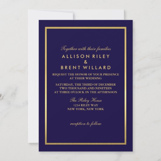 Classy Wedding Invitation Gold Foil - Navy Blue Einladung (Vorderseite)