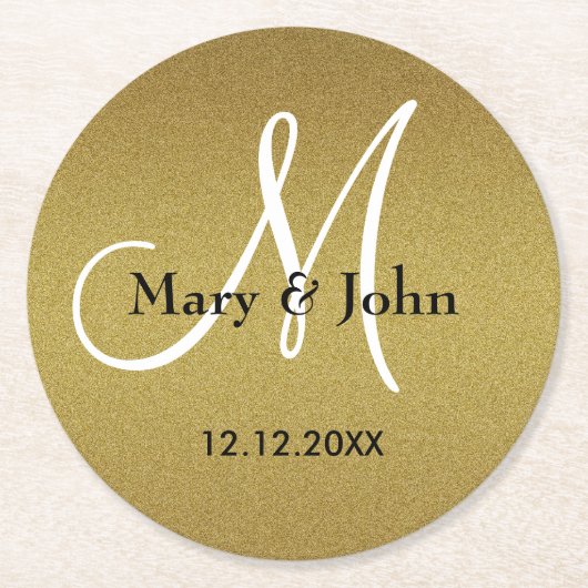 Classy Wedding Monogram Glitzer Gold Runder Pappuntersetzer (Vorderseite)