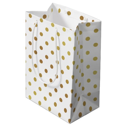 Classy White and Gold Glitzer Polka Dots Mittlere Geschenktüte (Rückseite Schrägansicht)
