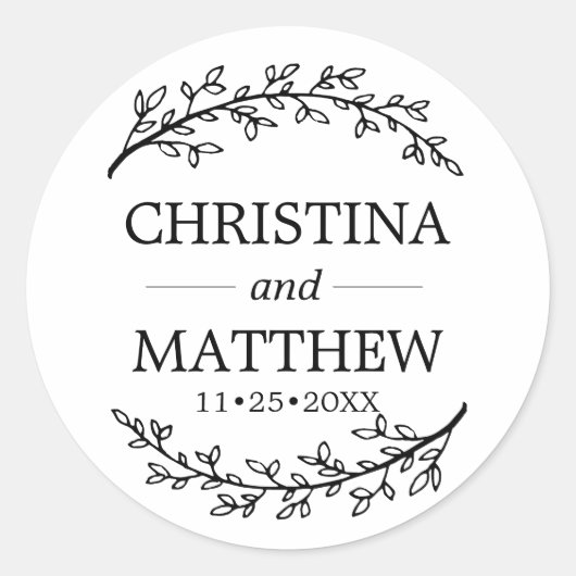 Classy White Black Laurel Branches Wedding Runder Aufkleber (Vorderseite)