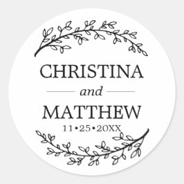 Classy White Black Laurel Branches Wedding Runder Aufkleber