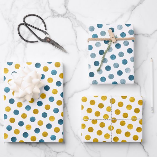 Classy White Blue & Gold Polka Dots Moderne Weihna Geschenkpapier Set (Vorderseite)
