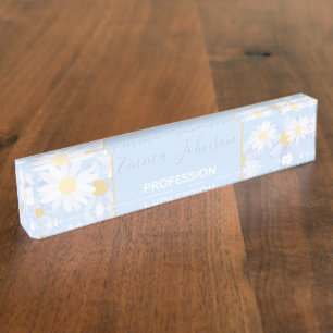 Classy White Daisy Blume Botanical Blue Design Namensplakette