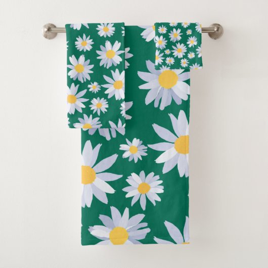 Classy White Daisy Blume Botanisches Grünes Design Badhandtuch Set (Insitu)