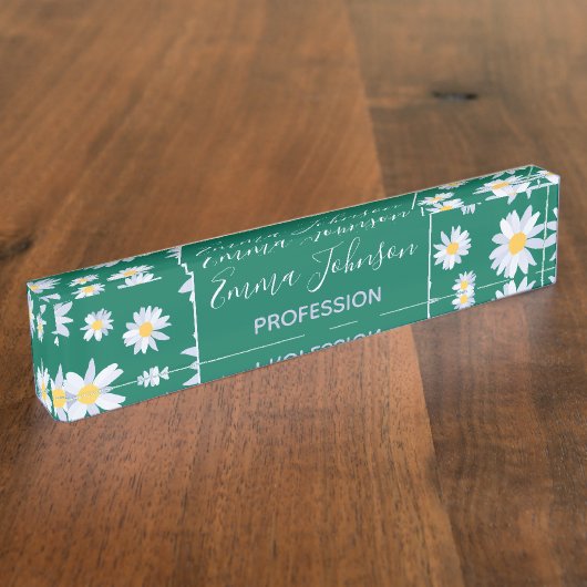 Classy White Daisy Blume Botanisches Grünes Design Namensplakette (Seite)