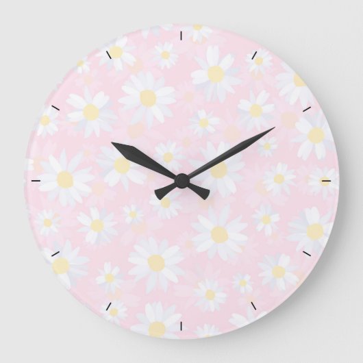 Classy White Daisy Blume Botanisches Pink Design Große Wanduhr (Vorderseite)