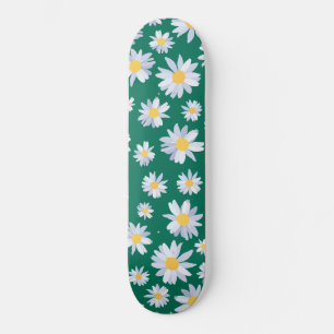 Classy White Daisy Flowers Botanical Green design Skateboard