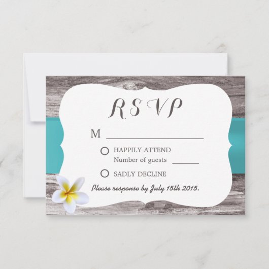 Classy White Frangipani Blue Wedding RSVP Karte (Vorderseite)