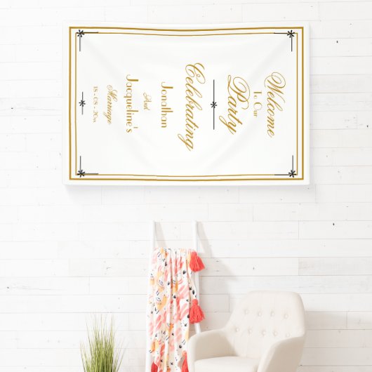 Classy White & Gold Script Chic Hochzeit Willkomme Banner (InSitu)