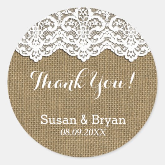 Classy White Lace & Burlap Danke Sticker (Vorderseite)