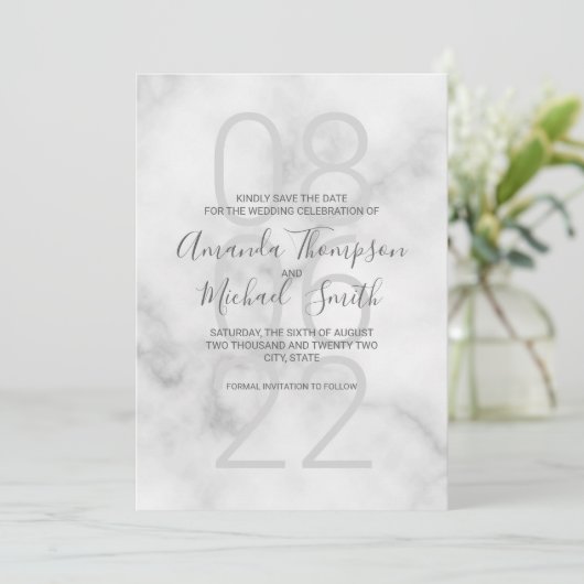 Classy White Marble Moderne Script Hochzeit Save The Date (Stehend Vorderseite)
