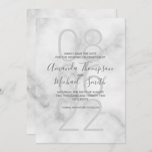 Classy White Marble Moderne Script Hochzeit Save The Date (Vorne/Hinten)