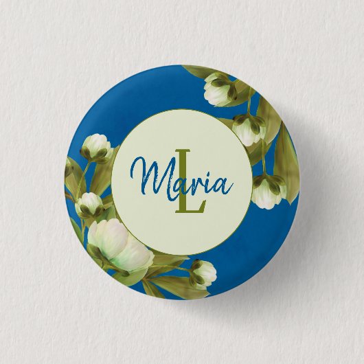 Classy White Peonies Floral Bouquet mit Navy Blue Button (Vorderseite)